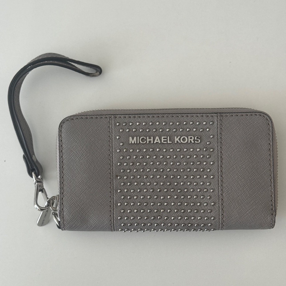 Michael Kors Grey Saffiano Leather Micro Stud Wristlet
